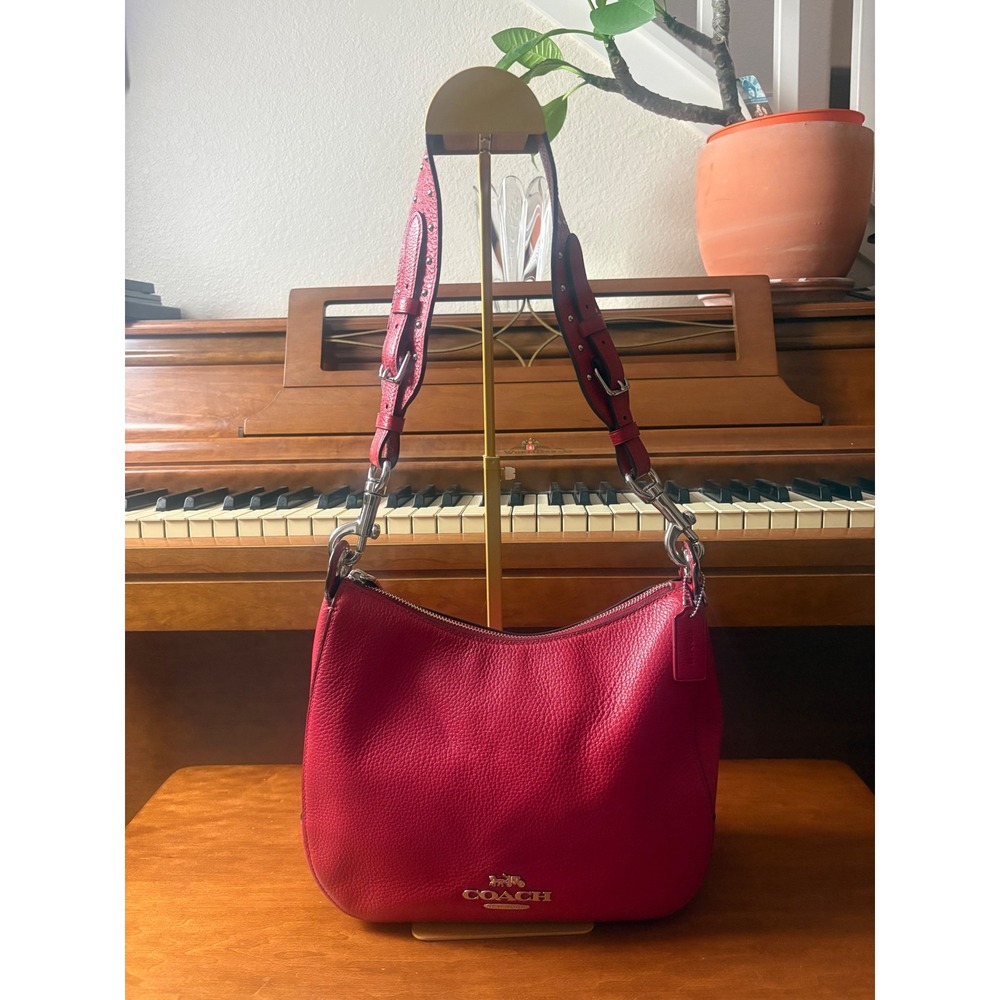 Coach Mia Shoulder‎ Bag Red Pebbled Leather Studded Strap F76696 Silver Hardware